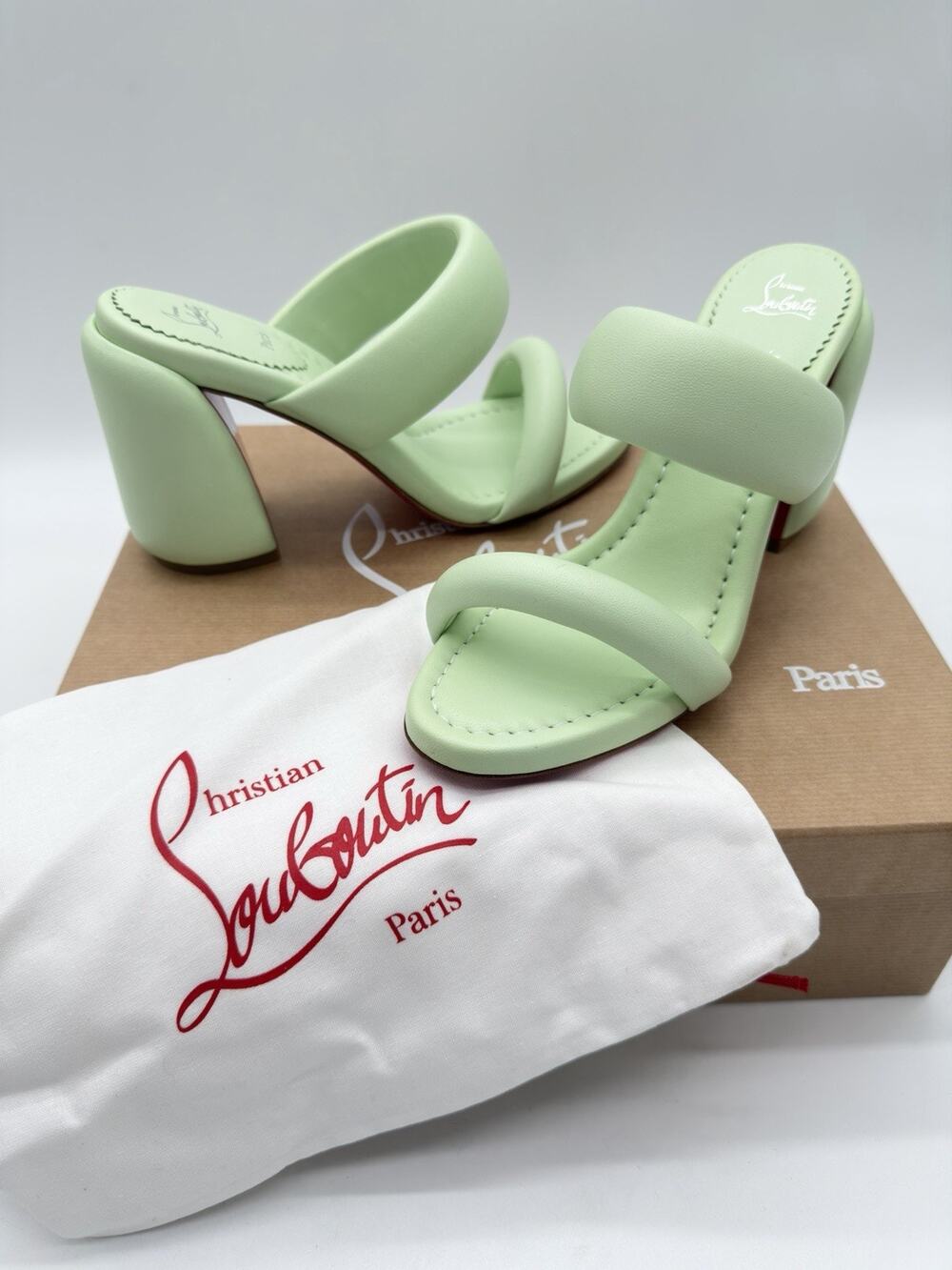 Christian Louboutin Inflama Sab 85 Leather Heels Sandals 38.5 Studio Green $945
